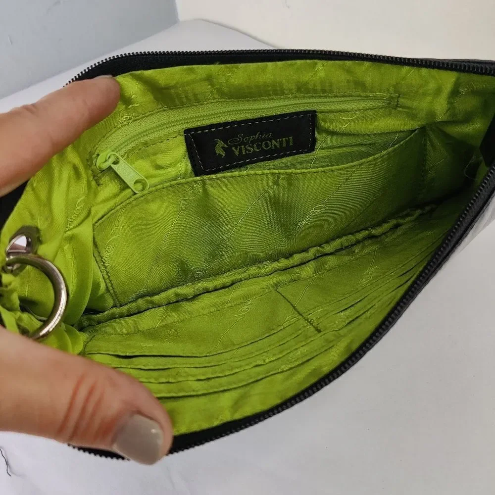 Sophia visconti Clutch Wristlet Studded Black Leather  Lime Green Lined Handbag